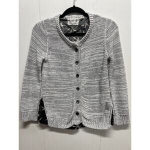 Anthropologie Field Flower Cardigan Sweater Small Button UP Bird Gray White Blac